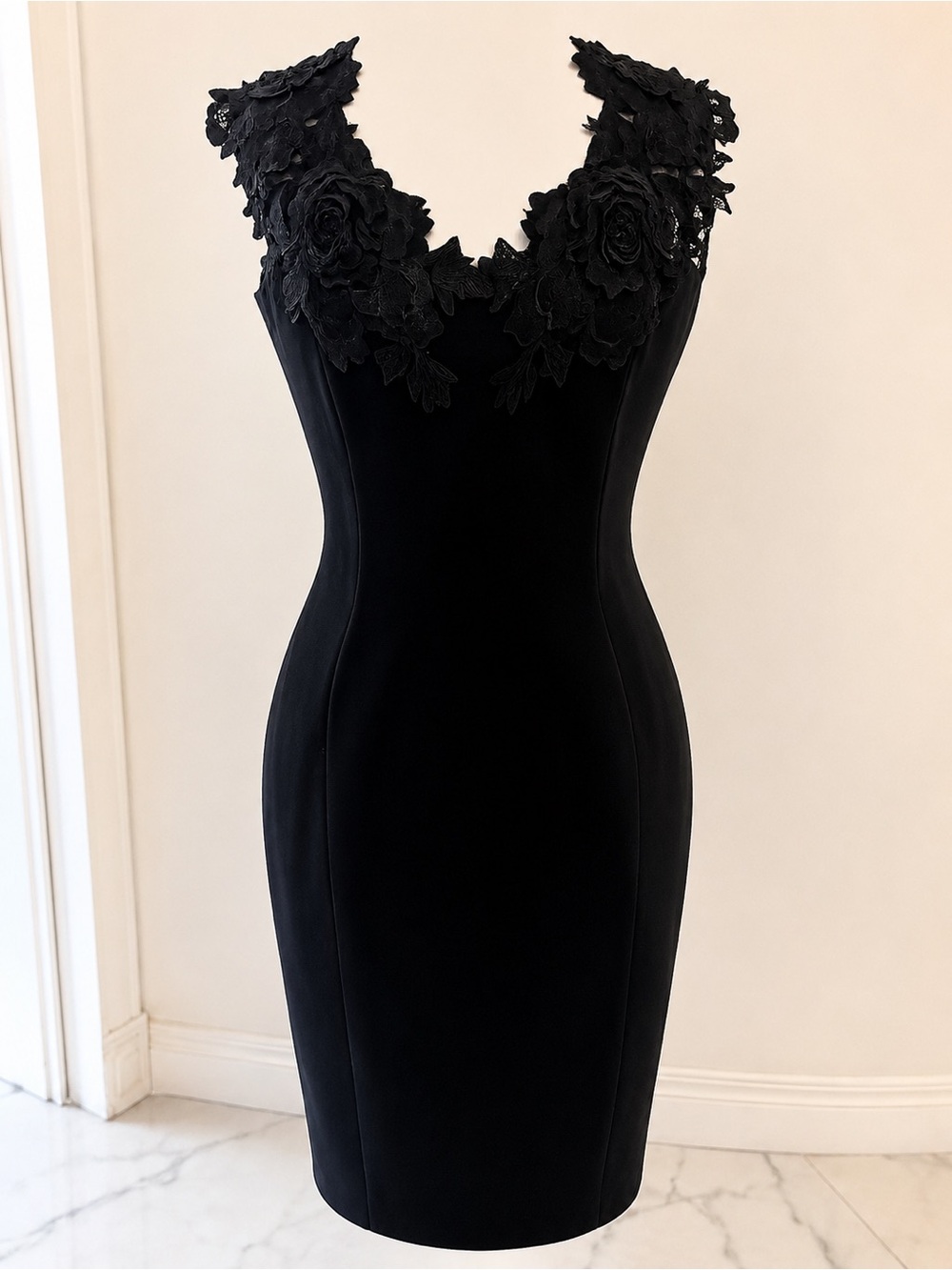 Nissa Handmade Romanian Black Floral Lace Back Zip Dress Sz 12 Cocktail Appliqué